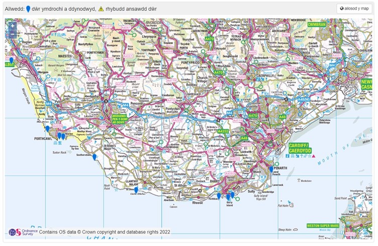 Map yn dangos pedwar traeth ymdrochi Bro Morgannwg: Cold Knap Y Barri, Bae Jackson, Bae Whitmore, a Southerndown.