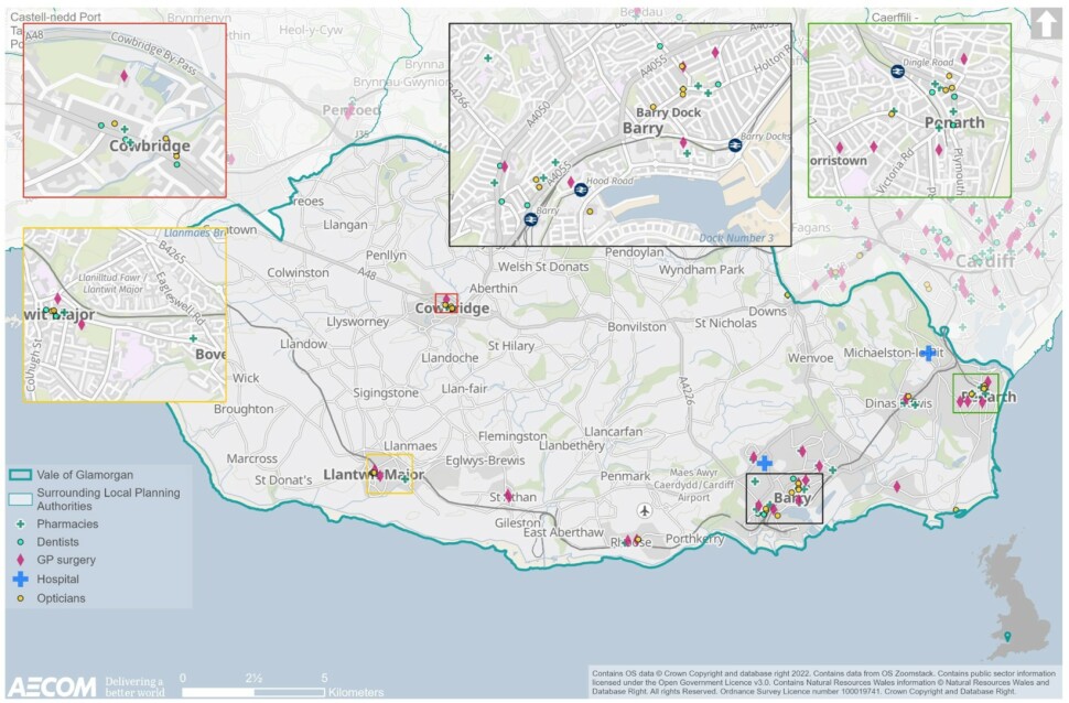 Map demonstrating the location of pharmacies, dentists, GP surgeries, hospitals and opticians across the Vale of Glamorgan. It is important to note that some services such as Opticians, Pharmacies etc. are accommodated within the medical centres that have been mapped in Figure 4.2 as GP Surgeries. Health care facilities are distributed across the Vale and are described in the table below.