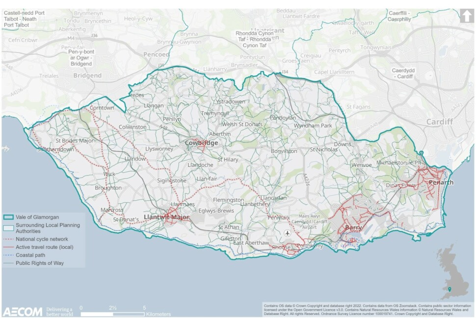 This map identifies the Vale’s coastal path along the south coast of the authority from Ogmore by Sea to Penarth. Also, it depicts the local active travel routes and Public Rights of Way that run through the Vale; a considerable amount of the authority is accessible via Public Rights of Way. In addition, a range of active travel routes are present: within Cowbridge, Barry, Dinas Powys and Penarth. Also, active travel is facilitated from the northwest of the Vale down towards Llantwit Major and then between a number of more rural settlements such as Flemingston and Llancarfan and then towards Rhoose and Porthkerry due to the presence of the National Cycle Network. A number of the local active travel routes in places such as Llantwit Major and Barry tend to incorporate the National Cycle Network too.