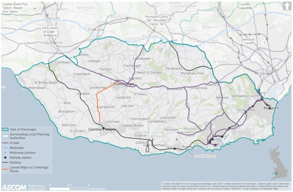 Map highlighting the Vale’s strategic highways, the railway line that runs along the southern boundary of the authority and up towards Bridgend, as well as the location of railway stations along this route at: Penarth, Dingle Road, Cogan, Eastbrook, Dinas Powys, Cadoxton, Barry Docks, Barry, Barry Island, Rhoose (Cardiff International Airport) and Llantwit Major. The key travel route between Cowbridge and Llantwit Major via Llantwit Major Road is also identified. 