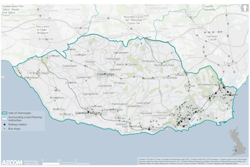 Map illustrating the locations of railway stations and bus stops in the Vale of Glamorgan. Railway stations are located at Barry Docks, Barry Island, Barry, Cadoxton, Cogan, Dinas Powys, Dingle Road, Eastbrook, Llantwit Major, Penarth and Rhoose (Cardiff International Airport). Bus stops are dispersed across the Vale of Glamorgan, but concentrated in Penarth, Barry, Rhoose and St Athan.