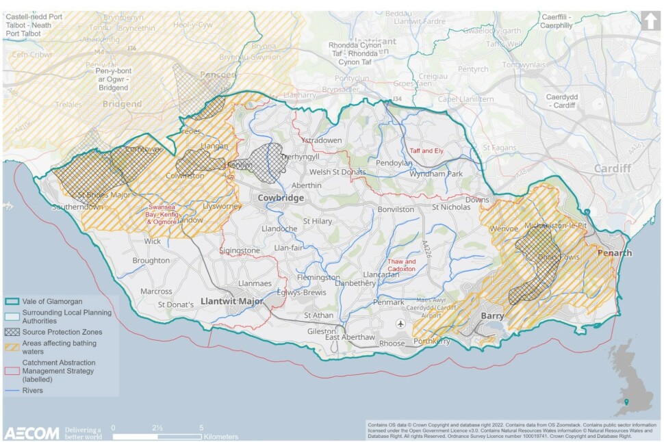 Map identifying Water Source Protection Zones in the north-west and east of the Vale; these zones are also located within areas that have been identified as affecting bathing waters. The course of the Rivers Afon Col-huw, Afon Alun, Cadoxton, Ely, Ewenny, Ogmore, Severn and Thaw that flow throughout the authority have also been illustrated on this map, along with the area included within the Catchment Abstraction Management Strategy - this strategy encompasses the coastline that formulates the southern boundary of the authority, from Penarth to Ogmore by Sea.