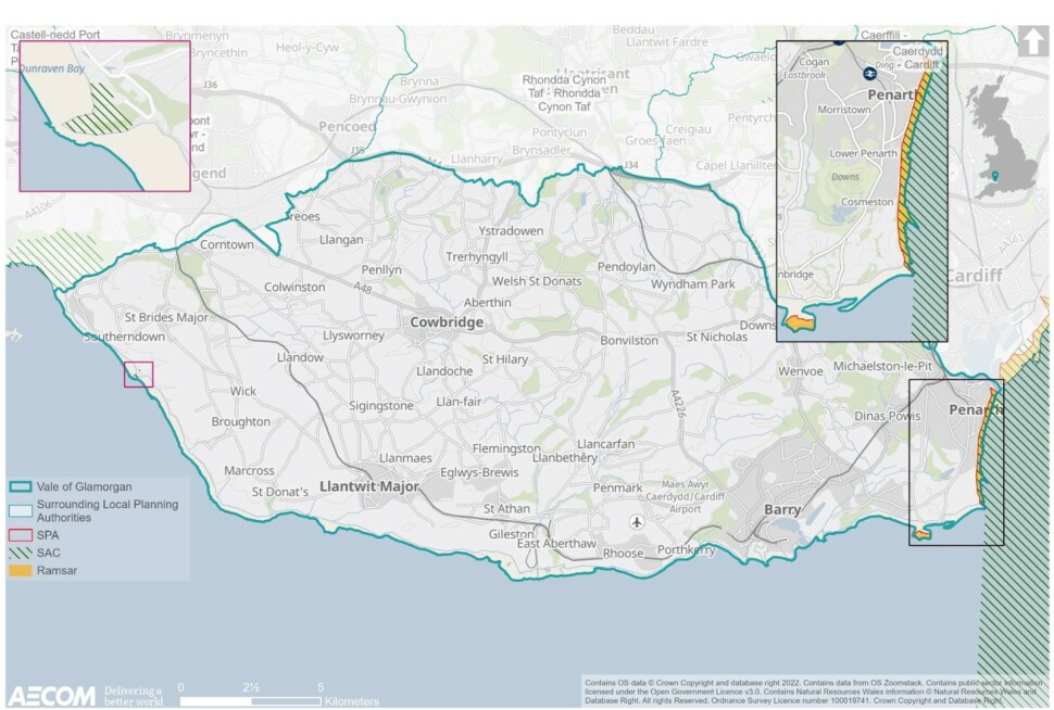 Map showing international biodiversity designations in the Vale of Glamorgan. Special Protection Areas are noted along the coastline east of Penarth and Sully Island. Special Areas of Conservation are found at Witches Point, Southerndown, at the coast east of Penarth and immediately north of the Vale of Glamorgan boundary in Merthyr Mawr Nature Reserve. Ramsar sites are also found along the coast to the east of Penarth and at Sully Island.