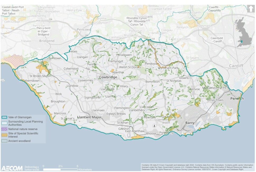 Map depicting National biodiversity designations in the Vale of Glamorgan. Sites of Special Scientific Interest are located along the south-western coastline, near to Corntown, Aberthin, Rhoose, Barry, Penarth and along the River Ely, North of Wyndham Park. Ancient woodland is distributed across the Vale of Glamorgan; however these areas are less dense in the south-west of the authority. A national nature reserve directly adjoining the western border of the Vale of Glamorgan in Bridgend, has also been identified on this map