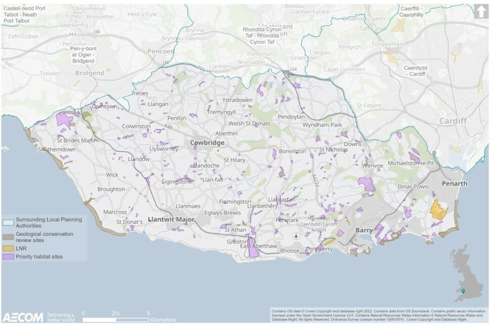 a.	This map highlights the fact that there are a considerable number of areas that have been designated as priority habitat sites, sporadically dispersed across the Vale of Glamorgan. The map also identifies the Vale’s Geological Conservation Review sites that are located on the authority’s south west-coast, north-west in close proximity to the border with Bridgend and along the coast in Barry and Penarth; Local Nature Reserves have also been designated in Barry and Penarth.