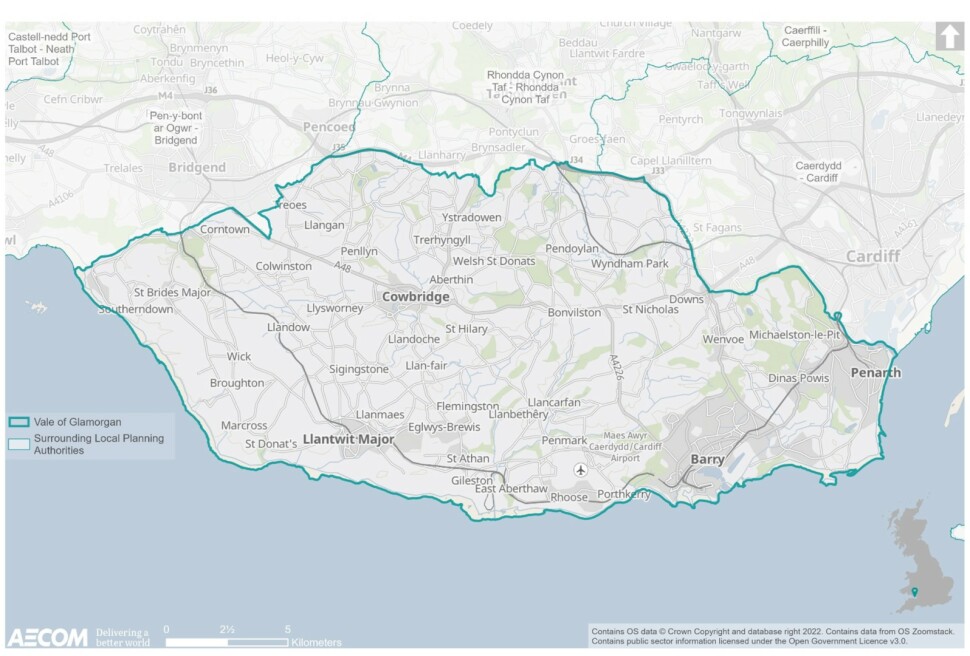 This map outlines the administrative area for which the Vale of Glamorgan Council is responsible. It also identities the Local Planning Authorities that border the Vale of Glamorgan, including Bridgend, Rhondda Cynon Taf and Cardiff.