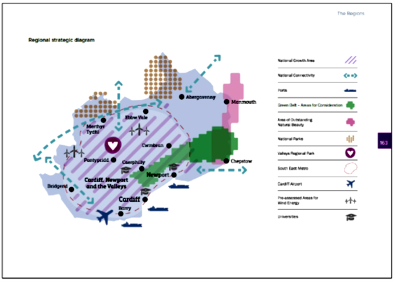 This map depicts the South East Wales Growth Area, as designated by the Welsh Government. Cities and major towns located within the region are identified on this map, along with directions of national connectivity (these are located towards the north, north-east, east, north west and across the area between Abergavenny and Bridgend); ports, National Parks in the north of the region; Cardiff Airport; Cardiff University, Cardiff Metropolitan University and the University of South Wales; pre-assessed areas for wind energy generation in the north/north-west; the Valleys Regional Park; the Area of Outstanding National Beauty along the eastern border of the region and the area under consideration as a ‘Green Belt’ between Chepstow and Newport.