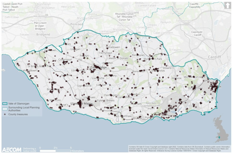Map highlighting the location of the 1,240 County Treasure local entries within the Vale of Glamorgan. These are dispersed throughout the entire authority, but there appear to be clusters within the key and service centre settlements such as Cowbridge, Llantwit Major and Penarth. 