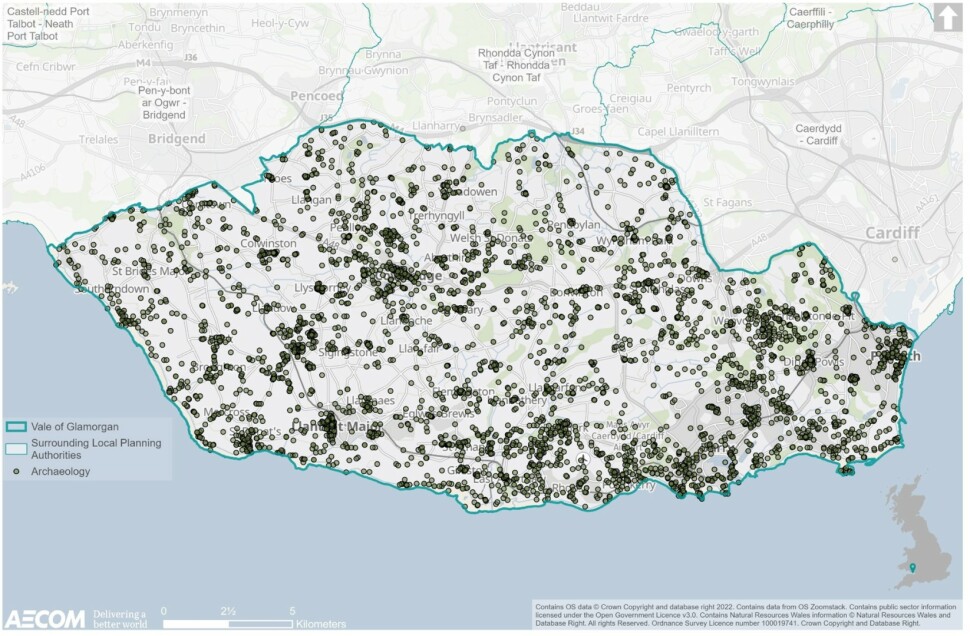 Map illustrating areas of archaeological interest in the authority; these points are dispersed sporadically and can be found across all areas of the Vale of Glamorgan. However, there appears to be concentrations around key settlements including Dinas Powys, Penarth, Barry, Cowbridge and Llantwit Major.