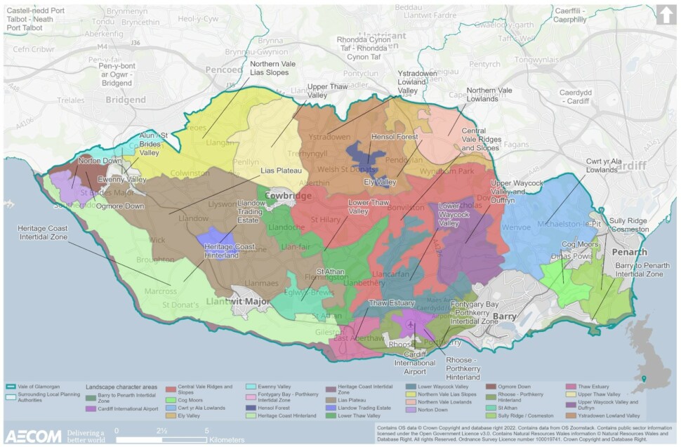 Map showing Local landscape character areas within the Vale of Glamorgan. The Alun/St Brides Valley is identified in the north-west corner of the Vale, between Ewenny and St Brides Major. The Barry to Penarth Intertidal Zone is marked along the coastline between the two towns. Cardiff International Airport is marked near to Rhoose. The Central Vale Ridges and Slopes are marked in the central Vale between Cowbridge and Downs. The Cog Moors are marked south of Dinas Powys. The Cwrt yr Ala lowlands are marked between Wenvoe, Michaelston-le-Pit, Barry and Cardiff. The Ely Valley is marked along the River Ely. The Ewenny Valley is marked at Corntown. The Fontygary Bay – Porthkerry Intertidal Zone is marked along the coast south of Cardiff International Airport. Hensol Forest is marked within the Ystradowen Lowland Valley. The Heritage Coast Hinterland is inland of the heritage coastline from Ogmore-by-Sea to St Athan. The Heritage Coast Intertidal Zone is directly along the Heritage Coastline from Ogmore-by-Sea to St Athan. The Lias Plateau is marked between St Brides Major and Flemingston. Llandow Trading Estate is located centrally within the Lias Plateau. Lower thaw Valley is marked from Cowbridge to St Athan. Lower Waycock Valley is marked between Bonvilston and Cardiff International Airport. The Northern Vale Lias Slopes are marked between Corntown and Llangan. The Northern Vale Lowlands are marked North of the River Ely. Norton Down is marked at St Brides Major, north of this is Ogmore Down. The Rhoose – Porthkerry Hinterland is marked between East Aberthaw and Barry. St Athan is marked as a local landscape character area. Sully Ridge/Cosmeton is marked between Sully and Penarth. The Thaw Estuary is marked at East Aberthaw. The Upper Thaw Valley is marked between Ruthin and Cowbridge. The Upper Waycock Valley and Duffryn is marked between St Nicholas and Barry. The Ystradowen Lowland valley is marked between Trehyngyll and Pendoylan. 