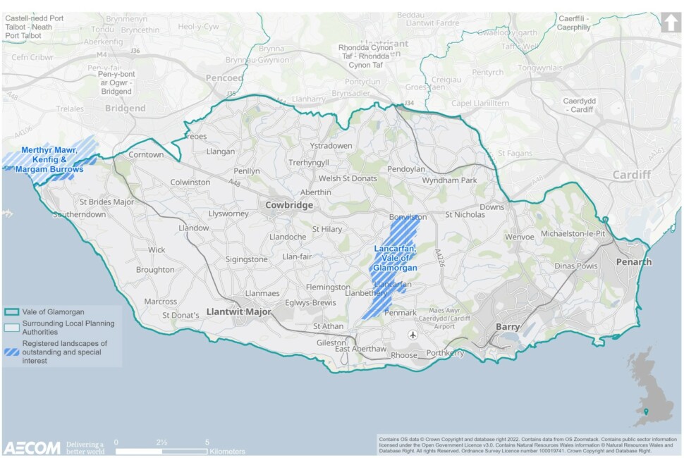 Map denoting Registered Landscapes of Outstanding and Special Interest in the Vale of Glamorgan.  Landscapes of Outstanding and Special Interest are shown at Lancarfan and Merthyr Mawr, Kenfig and Margam burrows; the latter straddles the border between the Vale of Glamorgan and Bridgend.
