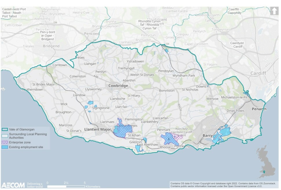 Map identifying the location of the 23 existing employment sites in the Vale of Glamorgan; at present, these sites are located in St Athan, Rhoose, Barry, West Aberthaw, Llandow, East Aberthaw, Land South of Junction 34 - M4, Llandough (Penarth), Llantwit Major, Culverhouse Cross and Fferm Goch.  This map also highlights the location of the 'Cardiff Airport and Bro Tathan Enterprise Zone'. 