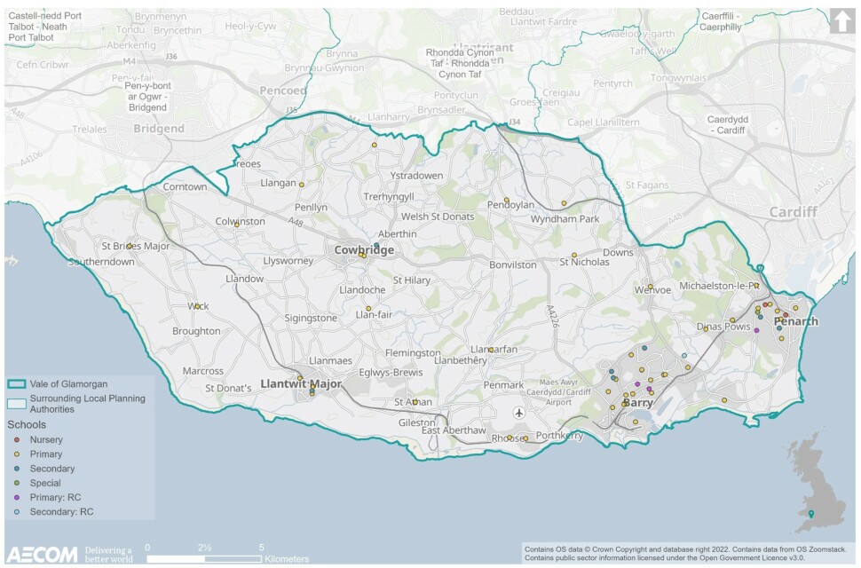 Map illustrating the location of Primary, Secondary, Roman Catholic Primary, Roman Catholic Secondary Schools and Nurseries in the Vale of Glamorgan. A table is below the image that lists these schools. 