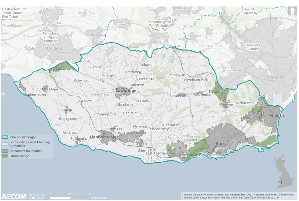 Map identifying the following Green Wedges that have been designated within the Vale of Glamorgan: between Dinas Powys, Penarth and Llandough, North west of Sully, North of Wenvoe, South of Bridgend, between Barry and Rhoose, South Penarth to Sully and between Rhoose and Aberthaw. This map also highlights the location and boundaries of the following districts: i. Penarth  ii. Dinas Powys  iii. Wenvoe  iv.	Culverhouse Cross  v. St Nicholas   vi. Bonvilston   vii. Cowbridge   viii. Corntown   ix.	St Brides Major   x.	Ogmore-by-Sea   xi. Wick   xii. St Donat’s   xiii. Llantwit Major   xiv. Llanmaes   xv. St Athan   xvi. Rhoose   xvii.	Barry