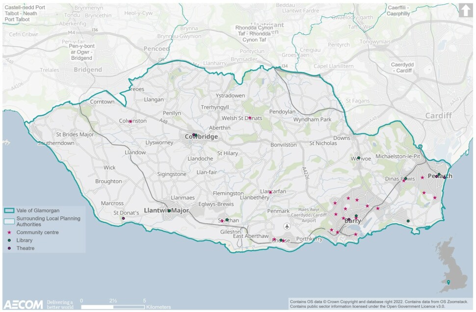 This map denotes the location of Council managed Community centres, libraires and theatres across the Vale of Glamorgan. Community centres are located in: Colwinston, Welsh St Donats, Llancarfan St Athan, Dinas Powys, Rhoose, Barry and Penarth. There are 8 libraires in the Vale located in: Cowbridge, Llantwit Major, St Athan, Rhoose, Wenvoe, Barry and Sully. The 5 theatres in the Vale can be found in Cowbridge, St Donat’s, Barry and Penarth (2 theatres are situated in Penarth). 