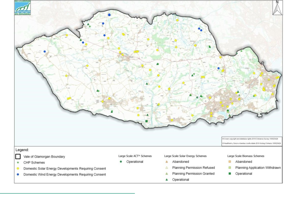 This map highlights the fact that Domestic Solar Energy Developments are the most prevalent renewable energy scheme implemented across the authority. Meanwhile, Domestic Wind Energy Developments are more limited in number, located predominately to the north of the Vale. Figure 6.2 also identifies Large Scale Solar Energy Schemes (whether Abandoned, Operational or those with Planning Permission Refused/Granted) and Large-Scale Biomass Schemes (whether Abandon/Operational or in cases where the Planning Application has been withdrawn). In a number of instances, Large Scale Solar Energy Schemes have also been accompanied by the implementation of Combined Heat and Power schemes; such developments are located in various locations throughout the Vale, with the highest number focussed around Barry. 