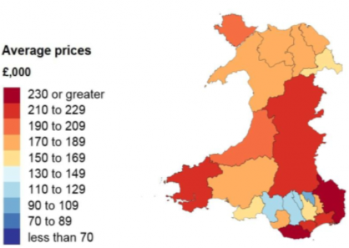 Heat map of Wales, colour coding each Local Authority in Wales based on average house prices in each area. According to data form the 2021 UK House Prices Index, average prices in Blaenau Gwent were between £90,000 and £109,000; £110,000 - £129,000 in Merthyr, Rhondda Cynon Taff and Neath Port Talbot; £150,000 - £169,000 in Caerphilly, Swansea and Wrexham; £170,000 – £189,000 in Bridged, Torfaen, Carmarthenshire, Gwynedd, Conwy, Denbighshire and Flintshire; £190,000 - £209,000 in Ceredigion and Anglesey; £210,000 - £229,000 in Pembrokeshire, Powys, Cardiff and Newport and £230,000 or greater in Monmouthshire and the Vale of Glamorgan.