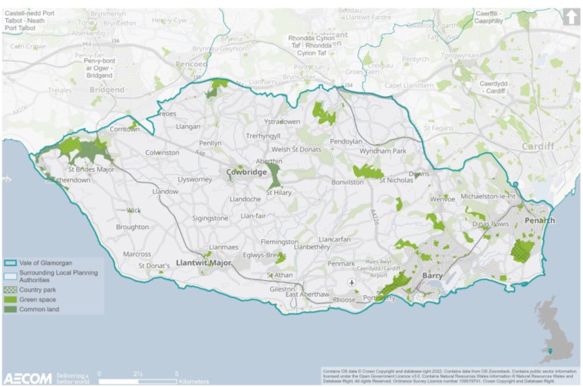 Map illustrating in the location of designated green space and Common Land in the Vale of Glamorgan. Designated green spaces are relatively sporadic throughout the Vale but a significant number of areas can be found in the south west, around Barry, Dinas Powys and Penarth. There are also significantly sizeable areas of designated green space between Bonvilston and St Nicholas, between Ystradowen and Pendoylan and in Ogmore. This map also notes the location of Porthekrry County Park and Cosmeston Lakes Country Park, both located towards the southwest of the authority. Portions of Common Land are also fairly sporadic throughout the Vale, but significant areas can be found to the east of Cowbridge and within St Brides Major to the northwest of the Vale.  