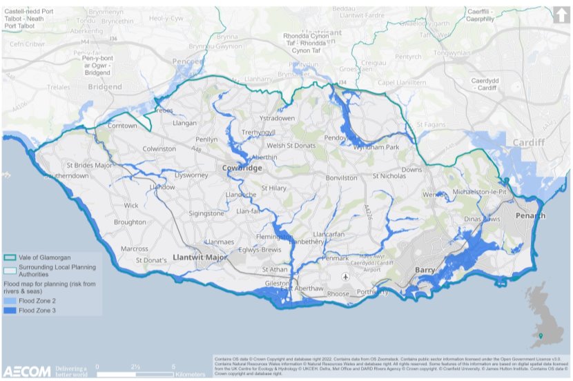 Map illustrating the threat of fluvial flood risk in the Vale of Glamorgan generated by the threat of sea and river flooding. The risk extends throughout the authority, primarily coinciding with the corridors of the following rivers: i. Afon Col-huw   ii.	Afon Alun   iii. Cadoxton River  iv. River Ely   v. Ewenny River   vi. River Ogmore   vii. River Severn   viii. River Thaw. b.	In these locations, the land at risk from fluvial flooding has been categorised as being within a ‘Zone 3’ flooding area by the ‘Flood map for planning’.  The communities at highest risk from flooding are Cowbridge, Dinas Powys and parts of Barry, including Barry Docks and Atlantic Trading Estate. There is also a threat to Llantwit Major.