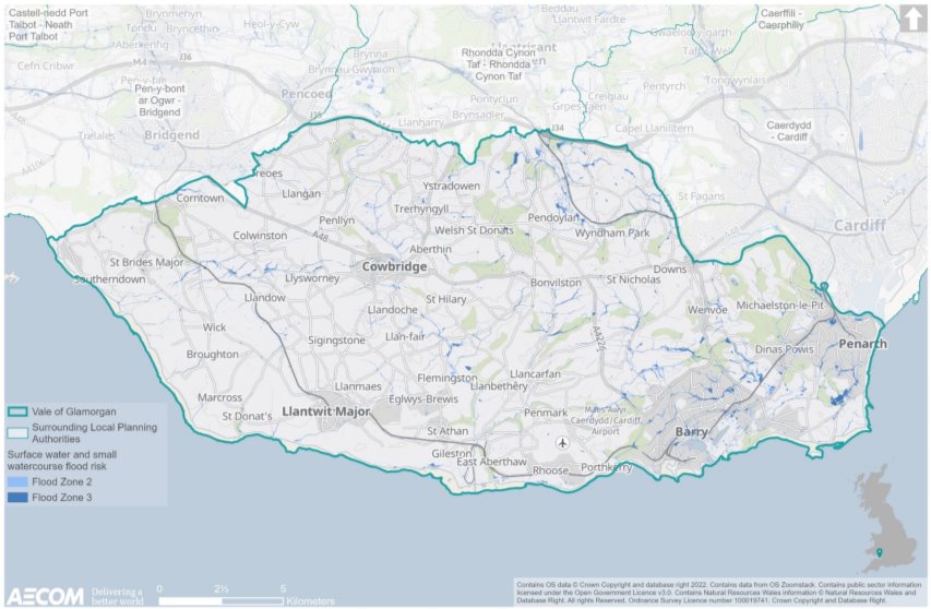 This map records the risk of surface water and small watercourse flooding throughout the Vale of Glamorgan. The threat tends to extend along the course of the rivers that flow through the authority, extending through Cowbridge, Llysworney, and north of Pendoylan. However, the areas at greatest risk of surface water flooding throughout the Vale appear to be focussed around the south-east, including parts of Barry and Penarth; in these areas, some of the most vulnerable land has been categorised within ‘Flood Zone 3’.