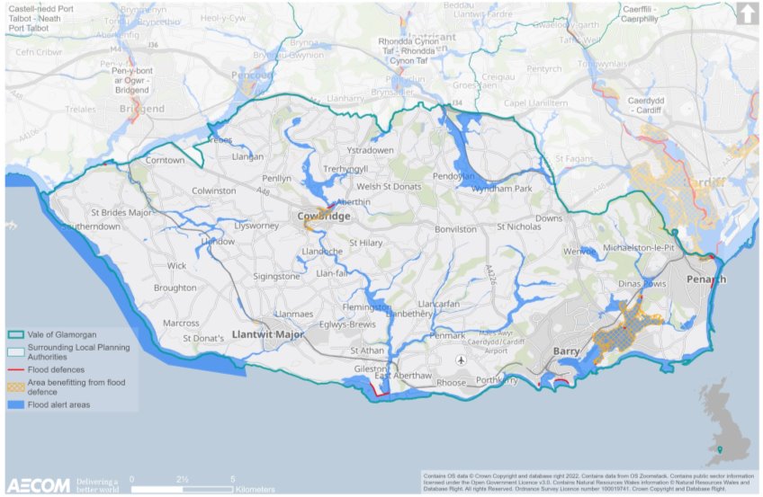 Map depicting the Vale of Glamorgan’s flood alert areas, as illustrated in Figure 6.3 and Figure 6.4, and the location of flood defences in the authority. Figure 6.5 also identifies areas that benefit from flood defences that protect against sea and river flooding. These areas are located in Cowbridge and to the northeast of Barry, coinciding with flood alert zones. A Flood Alleviation Scheme (FAS) has reduced the level of flood risk within the main urban settlements of Cowbridge and Llanblethian. Flood defence schemes have also been implemented in the following locations: on the border with Bridgend, to the north of Ogmore; near the coast to the south of East Aberthaw; Penarth; Barry and 2 schemes to the north-east of Barry between the town and the neighbouring settlement of Dinas Powys.