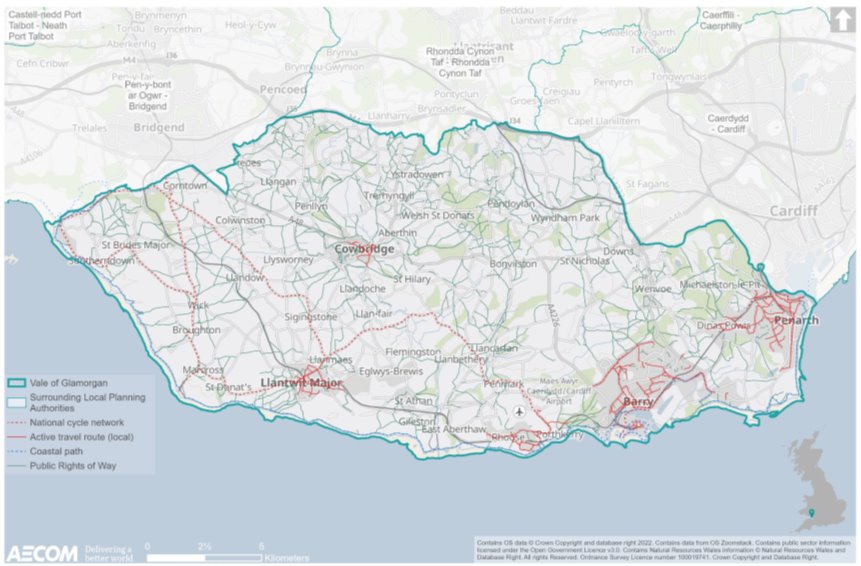Map showing active travel routes within the Vale of Glamorgan. Active travel routes (local) are shown in Cowbridge, Llantwit Major, Rhoose, Barry and Penarth. The National Cycle Network runs through the southern Vale, and the Coastal Path runs the length of the Vale of Glamorgan coastline. Public Rights of Way throughout the Vale of Glamorgan are also highlighted.