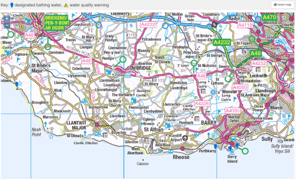 Map illustrating the Vale of Glamorgan’s four bathing beaches: Cold Knap Barry, Jackson’s Bay, Whitmore Bay, and Southerndown. 