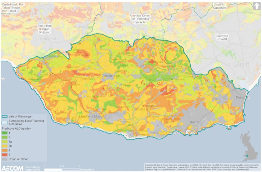 Figure 8.4 provides a prediction for the agricultural classification of land across the entirety of the Vale of Glamorgan. Non-agricultural (urban, woodland, agricultural building) areas such as major settlements have been identified in the colour grey on this map. Meanwhile, the rest of the authority has been given a Predictive ALC grade between 1 and 5. The majority of agricultural land has been classified as Grade 2 or 3 although, in the central Vale and to the north there are areas classified as high-quality agricultural land. Most notably, there are Grade 1 and 2 areas around Bonvilston, east of Cowbridge, and in the north eastern corner of the Vale around St Brides Major and Corntown. 