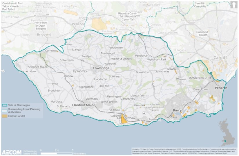 Map showing historic landfill sites in the Vale of Glamorgan. There are a number of small sites evident across the authority, (predominantly to the south of the area) but bigger sites are located near to East Aberthaw, Rhoose, Barry and Penarth.