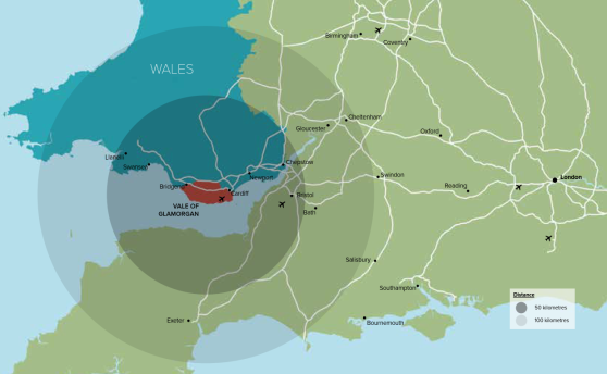 Map depicting the key destinations to which the Vale of Glamorgan has strong road and rail links, within both a 50km and 100km radius. Key locations within 50km of the Vale include Llanelli, Swansea, Bridgend, Cardiff, Newport, Chepstow and Bristol. Within 100km, the Vale has links to Exeter, Bath, Cheltenham and Gloucester. The location of Cardiff and Bristol Airport has also been identified on this map.