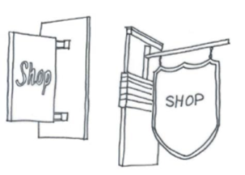 Diagram showing two examples of projecting signage. On the left is an example of a projecting sign, and on the right is an example of a hanging sign. 