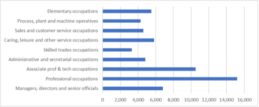 Graph showing the types of occupations in the Vale with the highest number of people in professional occupations