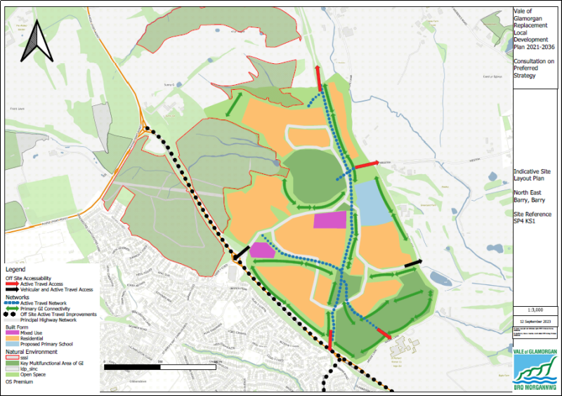 Initial illustrative plan of the site at North East Barry. It shows areas proposed for residential, mixed use and green infrastructure.