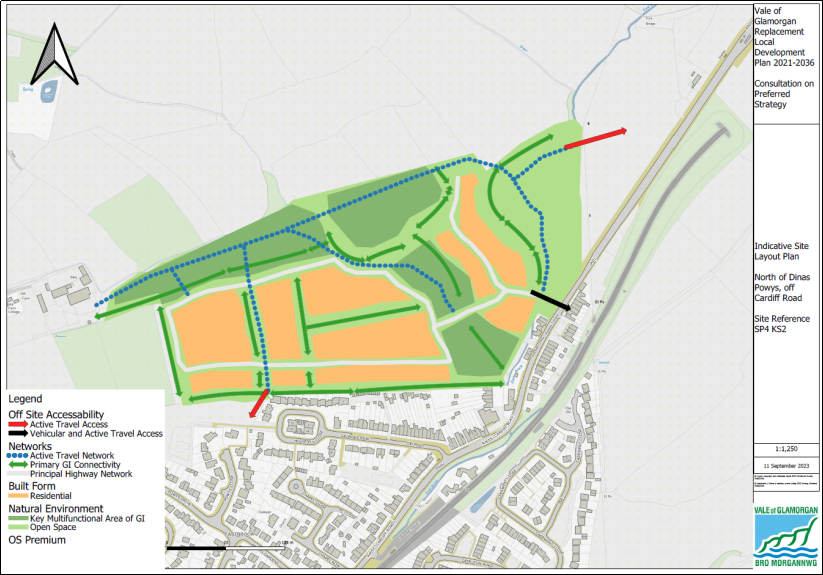Initial illustrative plan of Land north of Dinas Powys. It shows areas proposed for residential and green infrastructure.