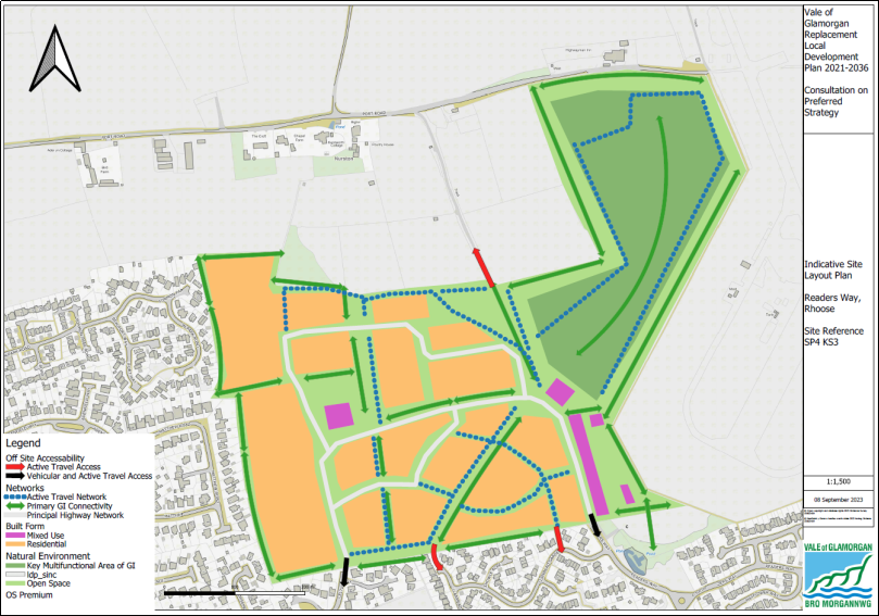 Initial illustrative plan of Land at Readers Way. It shows areas proposed for residential, mixed use and green infrastructure.