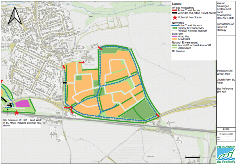 Initial illustrative plan of Church Farm,. It shows areas proposed for residential and green infrastructure.