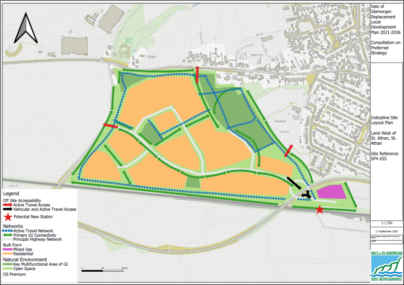 Initial illustrative plan of West of St Athan,. It shows areas proposed for residential. mixed use, a potential new station and green infrastructure.