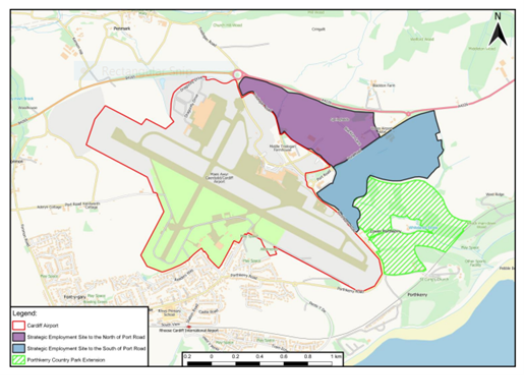 A map showing Cardiff airport and the gateway development zone to the east