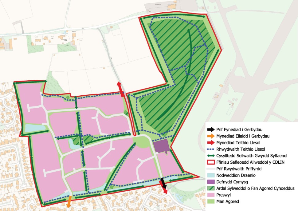 Map showing boundaries and different zones with colour codes: pink for residential, purple for schools, green for farms, dark green for parkland, and light green for green spaces, with pathways marked by blue dotted lines. Red lines indicate property boundaries, black arrows show entrances, and orange arrows highlight routes.